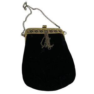 Vintage Black Velvet Clutch with Gold Frame and Chain